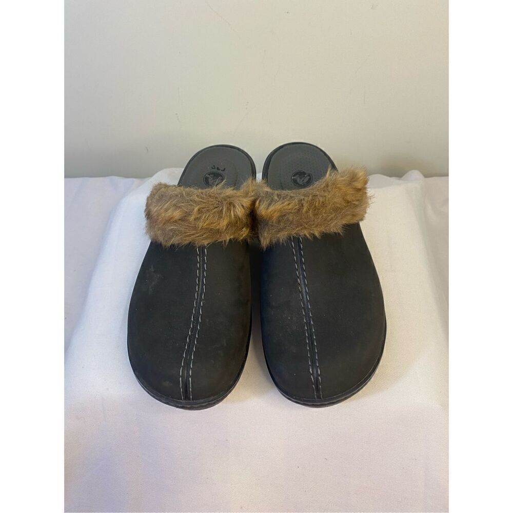 Crocs Eva Cobbler Brown Fur Trimmed wedge Mule Size 9 - Picture 2 of 7